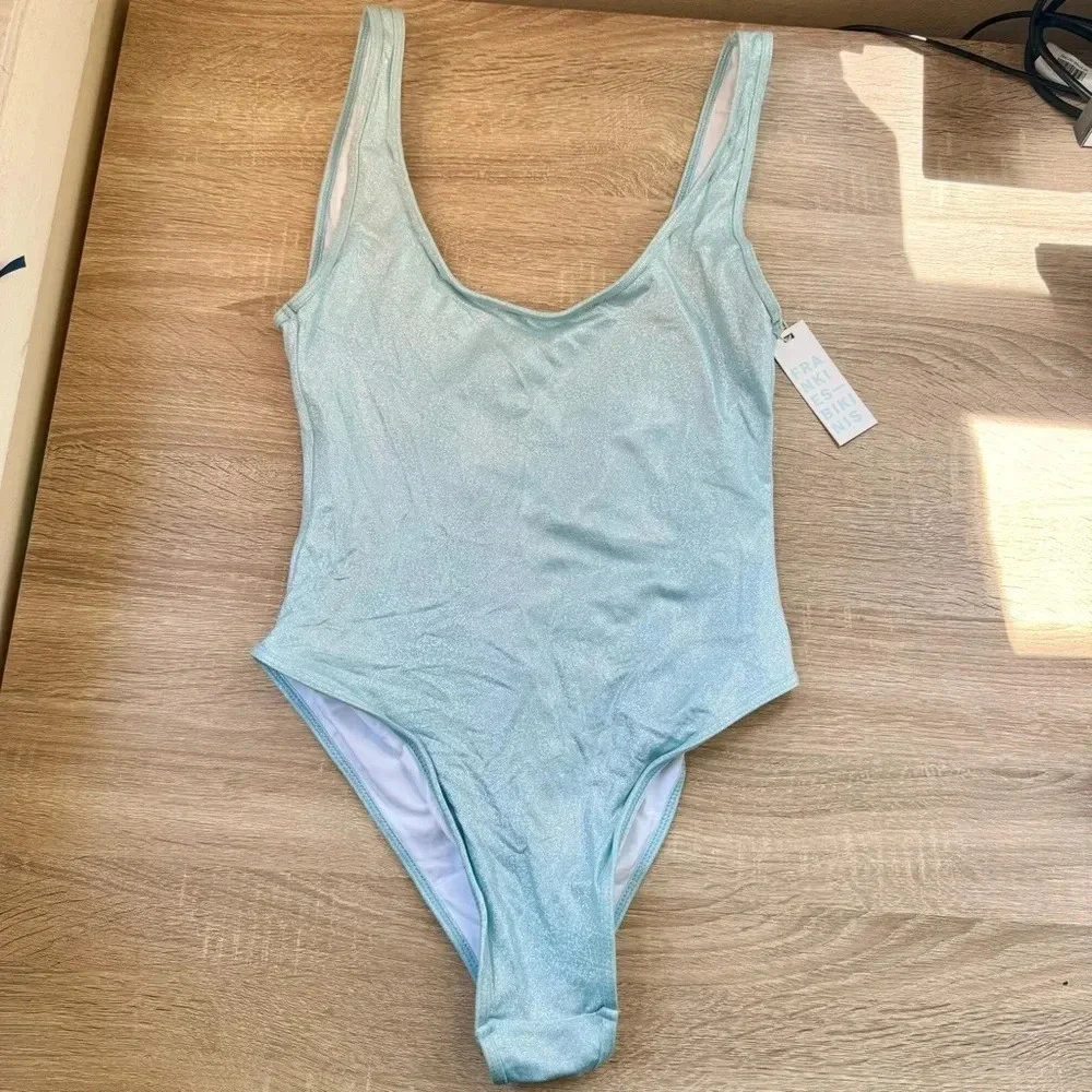 NWT Frankie's Bikinis Kyle Iridescent One Piece Swimsuit Cloud Chase Blue XL